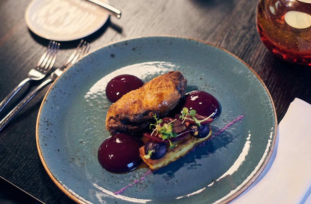 Traditional czech duck leg confit (7 hours), red cabbage foam, butter–seared mashed potatoes