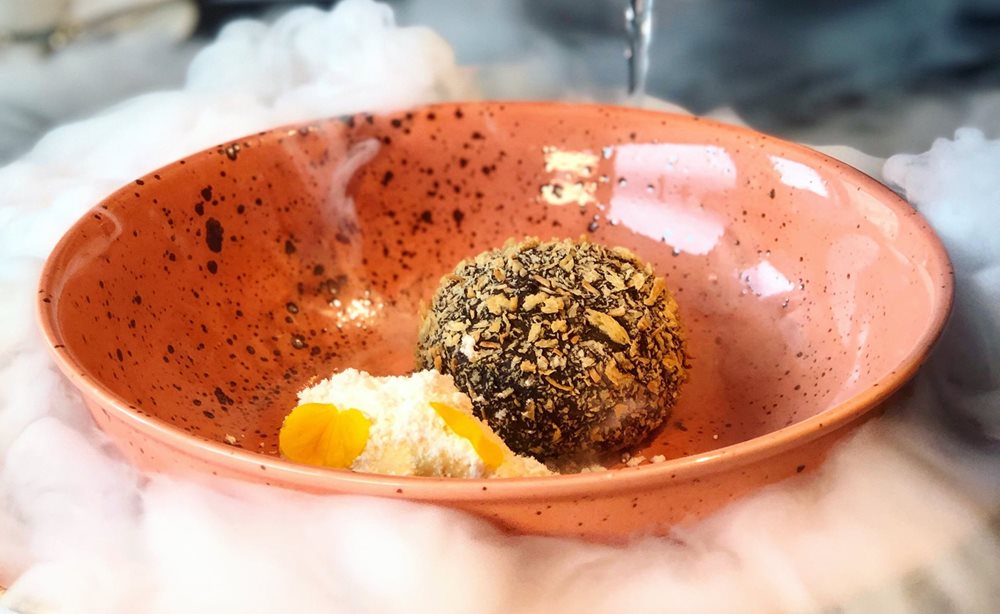 Fried Warm Chocolate Fondant with Passion Fruit Ice Cream, Coconut Powder